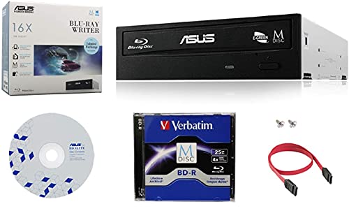 Asus 16X BW-16D1HT Internal Blu-ray Burner Drive Bundle with 1 Pack M-DISC BD, Cable Accessories and Mounting Screws (Supports BDXL and M-Disc, Retail Box)