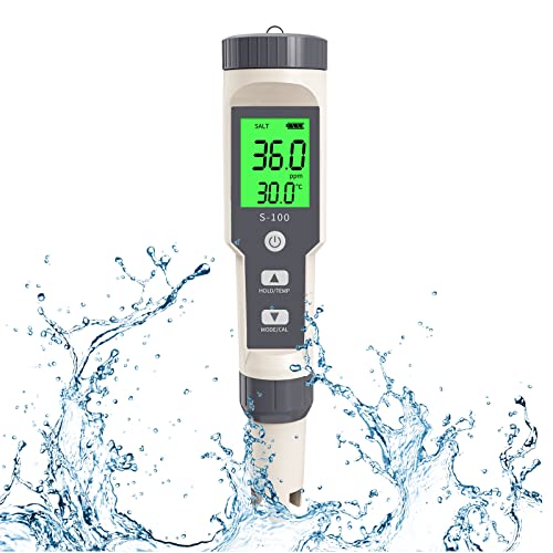 Yewhick Digital Salinity Tester for Saltwater, Waterproof Pool Salt Tester, 4 in 1 Salt/EC/TDS/Temp Meter, High Accuracy Saltwater Tester with ATC for Saltwater Pool, Aquarium, Koi Fish Pond