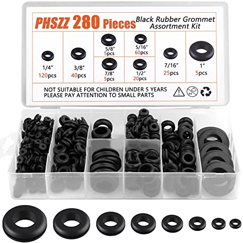 280 PCS Rubber Grommets Kit, Rubber Hole Grommet Gaskets Assortment for Wiring, Wire, Automotive, Firewall, Sheet Metal, Hardware Repair, 8 Sizes 1/4" 5/16" 3/8" 7/16" 1/2" 5/8" 7/8" 1" by PSHZZ