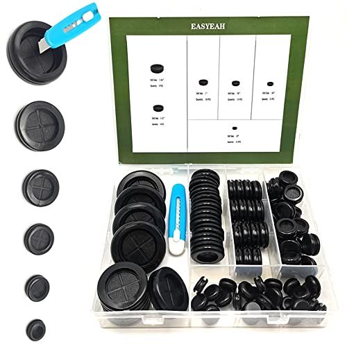 EASYEAH 80 PCS Rubber Grommets Assortment Kit for Wiring 1-3/4" 1-1/2" 1" 7/8" 5/8" 1/2" Drill Hole Firewall Cable Hole Plug Set Electrical Wire Rubber Gasket Grommet for Round Holes, 1 PC Knife