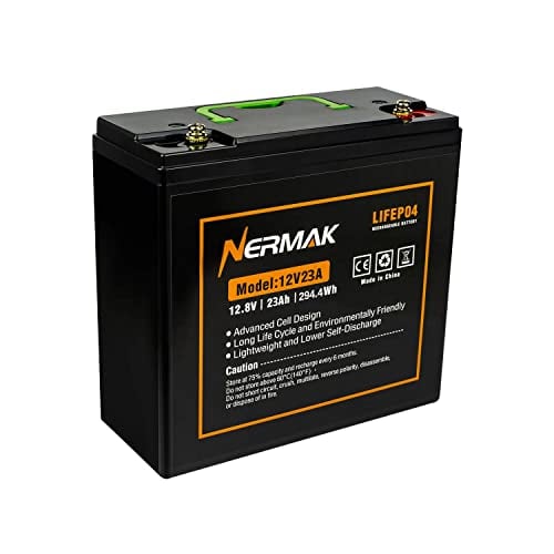 NERMAK 12V 23Ah Lithium LiFePO4 Deep Cycle Battery, 2000+ Cycles Lithium Iron Phosphate Rechargeable Battery for Solar/Wind Power, Lighting, Scooters, UPS, Power Wheels, Fish Finder, Built-in 24A BMS