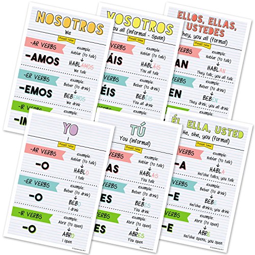 Quarterhouse Spanish Present-Tense Verb Conjugation (Light-Themed) Poster Set, Spanish Classroom Learning Materials for K-12 Students and Teachers, Set of 6, 12 x 18 Inches, Extra Durable