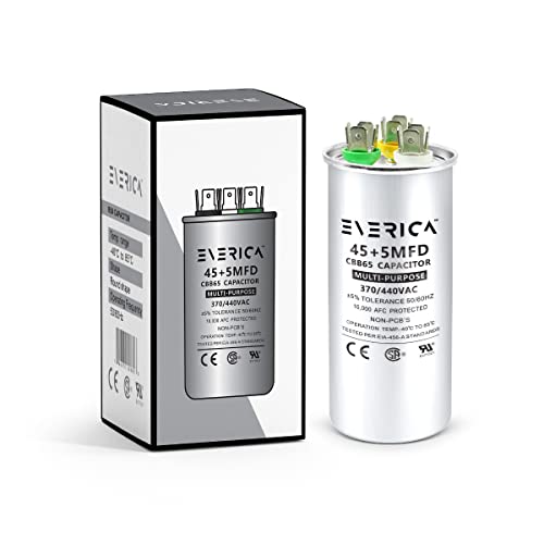 EVERICA 45+5 uF 45/5 MFD 6% 370V/440VAC CBB65 HVAC Dual Run Circular Start 45/5 440v Capacitor for AC Air Conditioning Run Capacitor Motor Run Fan Start or Condenser Straight