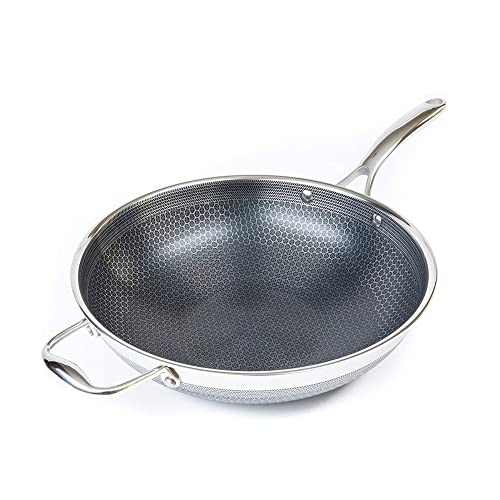 HexClad 12 Inch Hybrid Stainless Steel Wok with Stay Cool Handle, Dishwasher and Oven Safe, Works with Induction, Ceramic, Non-Stick, Electric, and Gas Cooktops