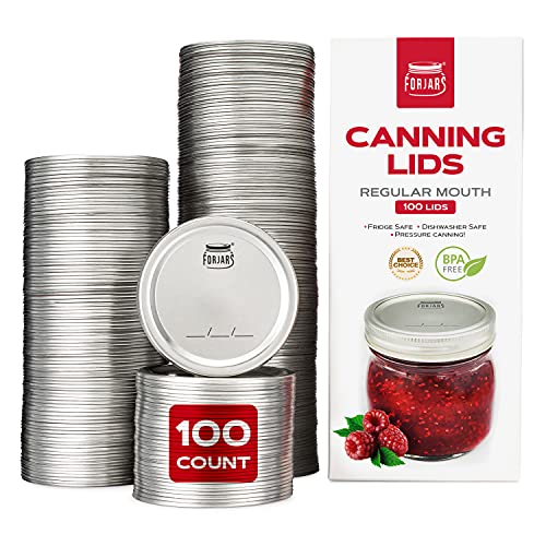 Canning Lids Regular Mouth, 100-Pack  Create Airtight Seals on Mason Jars to Preserve Food for Meal Prep & Food Storage  2.7 In. Steel Lids with Silicone Seals  Canning Supplies by FORJARS