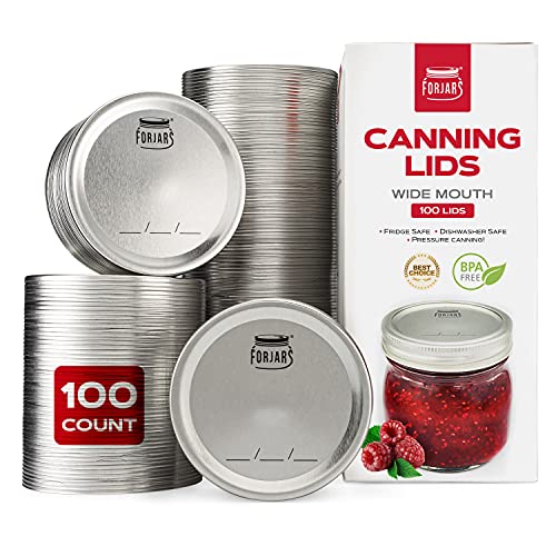 Wide Mouth Canning Lids, 100-Pack  Create Airtight Seals on Mason Jars to Preserve Food for Meal Prep & Emergency Food Storage  3.4 In. Metal Lids with Silicone Seals  Canning Supplies by FORJARS