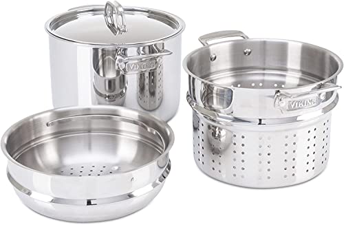 Viking Culinary 3-Ply Stainless Steel Pasta Pot, 8 Quart, Includes Pasta & Steamer Insert, Dishwasher, Oven Safe, Works on All Cooktops including Induction