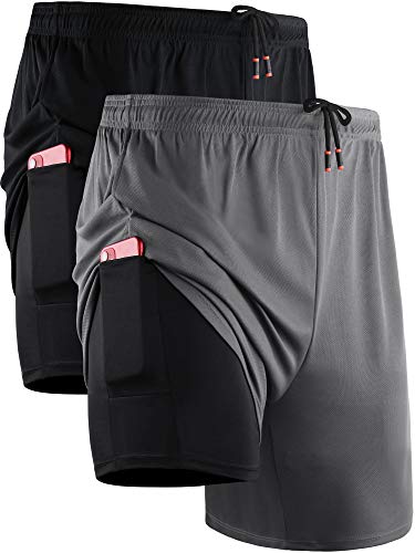 NELEUS Men's 2 in 1 Running Shorts with Liner,Dry Fit Workout Shorts with Pockets,6070,2 Pack,Black/Grey,US L,EU XL