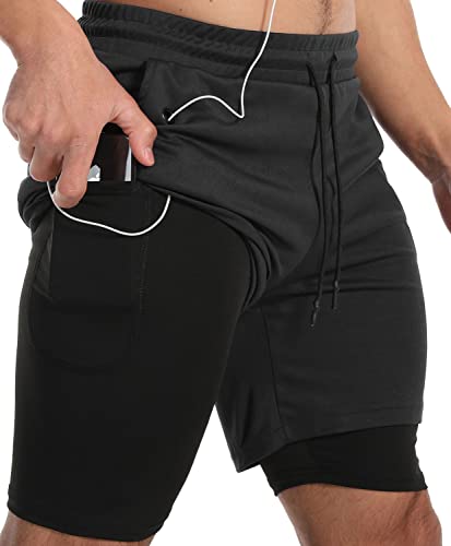 JWJ Men's Running Athletic Workout Sports Mens 2 in 1 Shorts Breathable Gym Short for Men with Pocket, Black Large