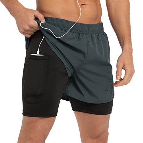 Gesean Mens 2 in 1 Running Shorts 5" Quick Dry Gym Athletic Workout Shorts for Men with Phone Pockets Dark Grey Large