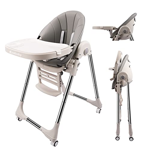 Ezebaby Baby High Chair for Toddlers, Foldable High Chair with Adjustable Seat Heigh Recline, Portable High Chair for Babies and Toddler with 4 Wheels, Infant High Chair with Removable Tray(Grey)