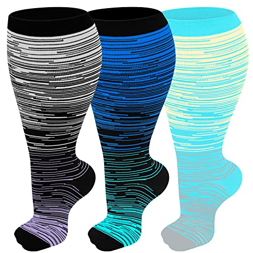 3 Packs Plus Size Compression Socks Wide Calf For Women & Men 20-30 mmhg - Large Size Knee High Support Stockings For Medical