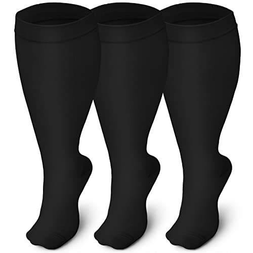 Iseasoo 3 Pairs Plus Size Compression Socks 20-30 mmHg for Men and Women,Wide Calf Extra Large Socks,Prevent Swelling, Pain (2XL, Black)
