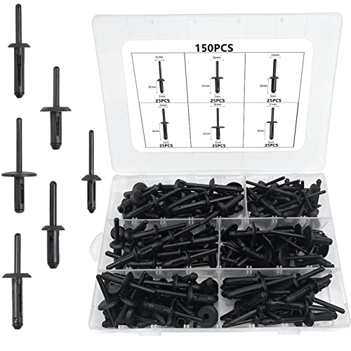 150Pcs Plastic Rivet Clip,Automotive Universal Nylon Pop Rivet Assortment,6 Most Popular Sizes Black Nylon Universal Rivet Kit,Replacement for GM Ford Chrysler VW,Nylon Fastener