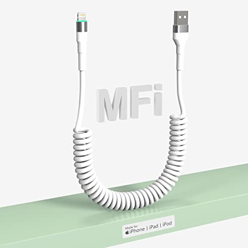 Coiled Lightning Cable White [MFi Certified] [Support Carplay], Apple Carplay Cable Coiled iPhone Charger Cable for Car, Short USB to Lightning Charger Cord Fast Charging with Data Transfer and LED