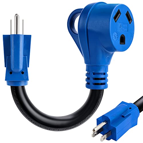 WODSOLO 30 Amp to 110 RV Electrical Adapter,NEMA 5-15P to NEMA TT-30R Heavy Duty RV Power Adapter with Handle,10/3 STW RV Plug Adapter,ETL Listed,12 Inch,180 Degree Bend RV Adapter,Blue