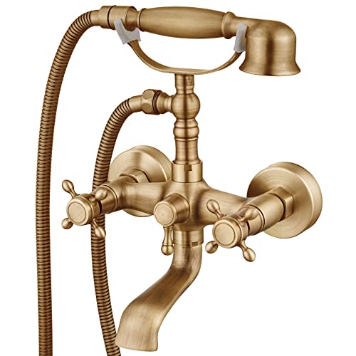 Aolemi Wall Mount Antique Brass Bathtub Faucet with Hand Shower Sprayer Bathroom Tub Faucet Double Cross Handle Telephone Shaped Handheld Sprayer Shower Set Mixer Tap Vintage