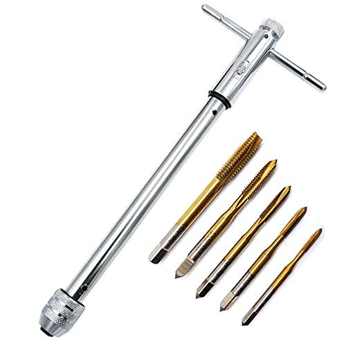 QISF Adjustable T-Handle Ratchet Tap Holder Wrench Set + 5Pcs Titanium M3-M8 Machine Screw Thread Metric Plug Taps(Wrench 10" Long)