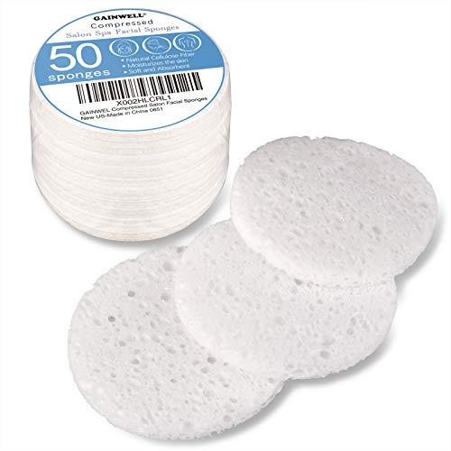 50-Count Compressed Facial Sponges, GAINWELL White Cellulose Facial Sponges, 100% Natural Cosmetic Spa Sponges for Facial Cleansing, Exfoliating Mask, Makeup Removal