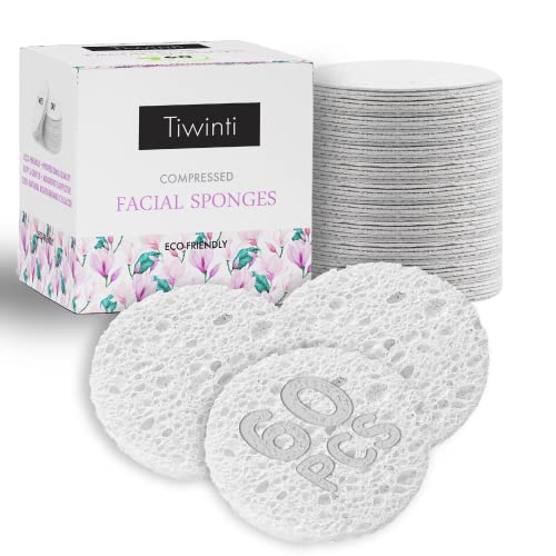 60-Count Compressed Facial Sponges|TiwinTi 100% Natural Cellulose Sponges|Face Cleansing|Makeup Remover|Facial Sponges For Estheticians|Exfoliating Sponge|Pore Exfoliation|Reusable And Travel Friendly (White)