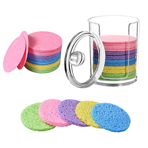 50-Count Compressed Natural Facial Sponges for Face Cleansing, Reusable Cosmetic Sponge, Used for Exfoliating and Makeup Removal With Clear Plastic Storage Jar (Colourful, 50pcs