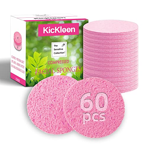 60-Count Compressed Facial Sponges|100% Natural Kickleen Cellulose Cosmetic Spa Sponges for Daily Facial Cleansing|Makeup And Mask Removal | Exfoliating | Skin Massage | Pore Exfoliation(Pink)