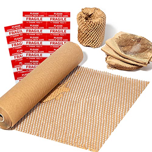 MCfleet 15"x135' Honeycomb Packing Paper Wrap Roll, Eco Friendly Packaging Material for Moving Shipping Gift Wrapping with 20 Fragile Stickers, Protective Recycled Cushion Wrap Suppliers Kraft Brown