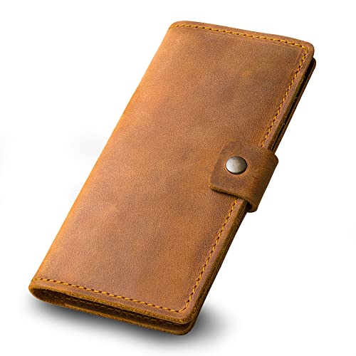 PEGAI Handmade Minimalist Design Checkbook Cover, 100% Distressed Leather Wallet & Case (Cinnamon)