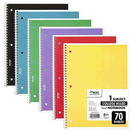 Mead Spiral Notebook, 6 Pack, 1-Subject, College Ruled Paper, 7-1/2" x 10-1/2", 70 Sheets per Notebook, Assorted Colors (73065)