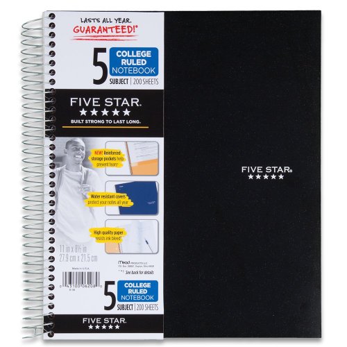 Five Star Spiral Notebook + Study App, 5-Subject, College Ruled Paper, Fights Ink Bleed, Water Resistant Cover, 8-1/2" x 11", 200 Sheets, Black (72081)