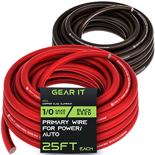 GearIT 1/0 Gauge Wire (25ft Each - Black/Red Translucent) Copper Clad Aluminum CCA - Primary Automotive Wire Power/Ground, Battery Cable, Car Audio Speaker, RV Trailer, Amp, Electrical 0ga AWG 25 Feet