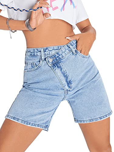 SweatyRocks Women's High Waisted Straight Leg Denim Shorts Asymmetrical Summer Jean Shorts with Pocket Light Wash L