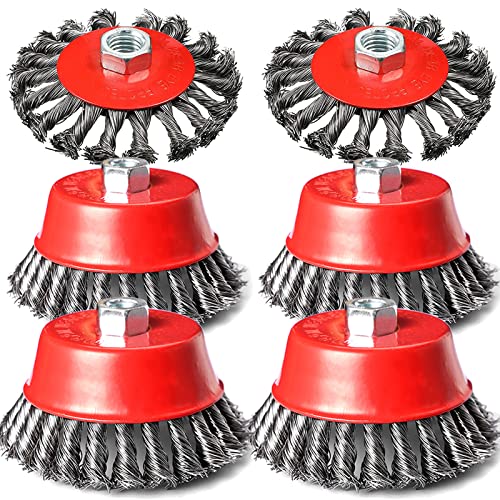 4 Inch Wire Wheel Brush Set for Grinder, DaduoRi 6 Pack Wire Wheels for 4 1/2 Angle Grinder, 5/8 Inch-11 Threaded Arbor-Coarse Crimped Twisted Knotted Cup Brush,Heavy Cleaning Rust Stripping Abrasive