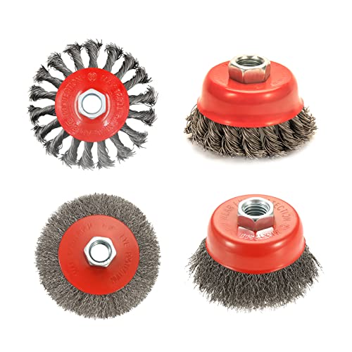 AUPREX 4 Pack Wire Wheel Brush for Angle Grinder, 4 Inch Angle Grinder Wire Wheel Set, 3 Inch Wire Cup Brush for 4 1/2 Angle Grinder, 5/8-11 Thread Arbor, Twist Knotted Coarse Crimped Wire Brush Set