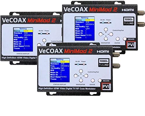 3 PACK VECOAX MINIMOD-2 | HDMI TO COAX MODULATOR to distribute your hdmi video sources to all TVs as HD Channels over existing tv coax cables