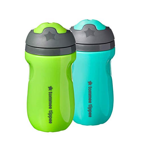 Tommee Tippee Insulated Sippee Cup, Water Bottle for Toddlers, Spill-Proof, BPA Free, Colorful and Playful Designs, 9oz, 12m+, Pack of 2, Green and Teal