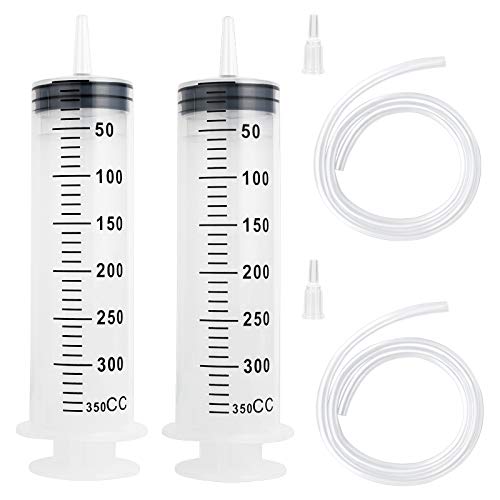 2 Pack 300/350ml Syringes, Extra Large Plastic Syringe with 40inch Plastic Tubing Hoses for Glue Dispensing, Scientific Labs, Watering, Refilling, Multiple Uses