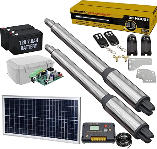 DC HOUSE Automatic Solar Dual Gate Opener Kit with 2 * 7AH Battery Heavy Duty Gate Operator for Dual Swing Gates Up to 16.4 Feet or 850 Pounds for Home Security/Farm