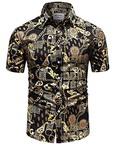 Mens Black Gold Chain Dress Shirts Luxury Baroque Print Casual Short Sleeve Button Down Buchona Silky Shirt L