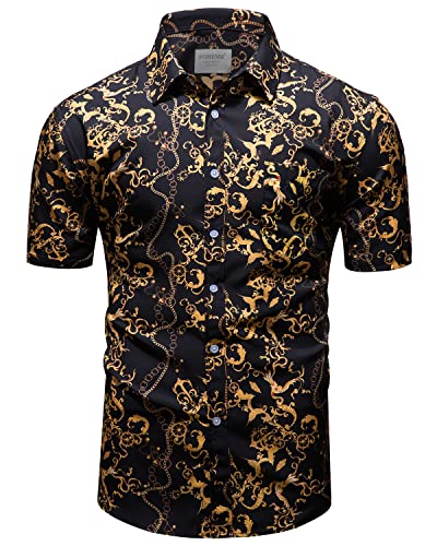 fohemr Mens Dress Shirt Black Gold Chain Print Luxury Baroque Short Sleeve Casual Button Down buchona Shirts X-Large