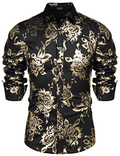 COOFANDY Men's Rose Shiny Shirt Luxury Flowered Printed Button Down Shirt (Small, Gold(Long Sleeve))