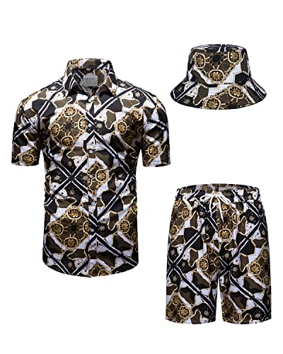 fohemr Mens Luxury Outfit Set Black Gold Shirts and Shorts 2 Piece Chain Print Set Baroque Button Down Suit with Bucket Hats Medium