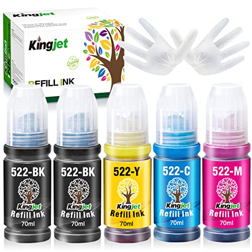 Kingjet Compatible T522 522 Refill Ink Replacements for Epson 522 Use with Expression ET-2710 ET-2720 ET-4700 EcoTank (2 Black, 1 Cyan, 1 Magenta, 1 Yellow) - 5 Pack