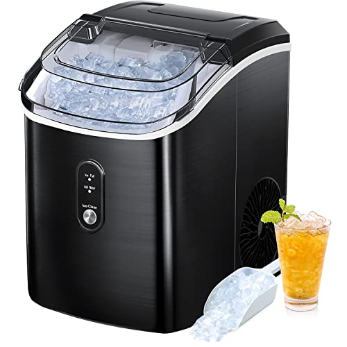 AGLUCKY Nugget Ice Maker Countertop, Portable Ice Maker Machine with Self-Cleaning Function,33lbs/24H,Stainless Steel,Pellet Ice Maker for Home/Kitchen/Office (Black)
