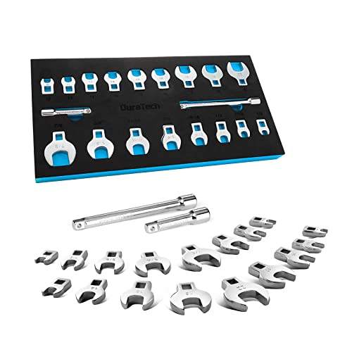 DURATECH 3/8" Drive Crowfoot Wrench Set with 2 Extension Bars, SAE & Metric, 19-Piece, 10-22mm & 3/8"-7/8", CR-V Steel, with EVA Foam Tool Organizer