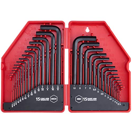 EFFICERE 30-Piece Premium Hex Key Allen Wrench Set, SAE and Metric Assortment, L Shape, Chrome Vanadium Steel, Precise and Chamfered Tips | SAE 0.028-3/8 inch | Metric 0.7-10 mm | In Storage Case