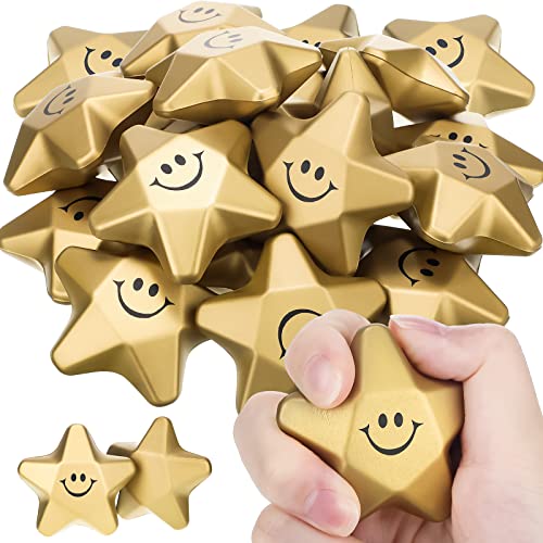 36 Pieces Star Stress Balls Star Mini Foam Ball Stress Relief Star Balls Star Stress Toys for Teens Adults Student Bag Fillers, 1.6 Inch, Gold (Smile)