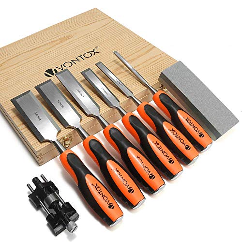 V VONTOX 8 Pcs Wood Chisel Set, Wood Chisel & Honing Guide & Sharpening Stone, Wood Carving Chisel Set for Woodcarving, Carpentry, Trimming The Edges