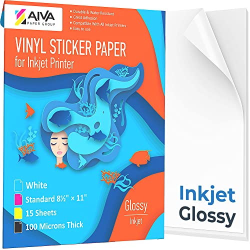 Printable Vinyl Sticker Paper for Inkjet Printer - Glossy White - 15 Self-Adhesive Sheets - Waterproof Decal Paper - Standard Letter Size 8.5"x11"