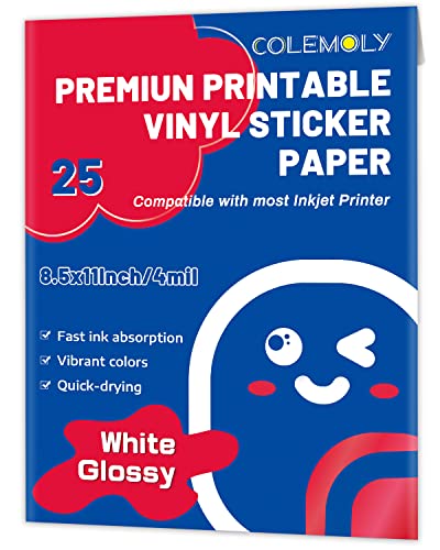 Sticker Paper Glossy Printable Vinyl 25 Adhesive Sheets for Inkjet Printer White Decals Waterproof Quick Drying Tear Resistance Labels Letter Size 8.5x11in for Craft,Scrapbook